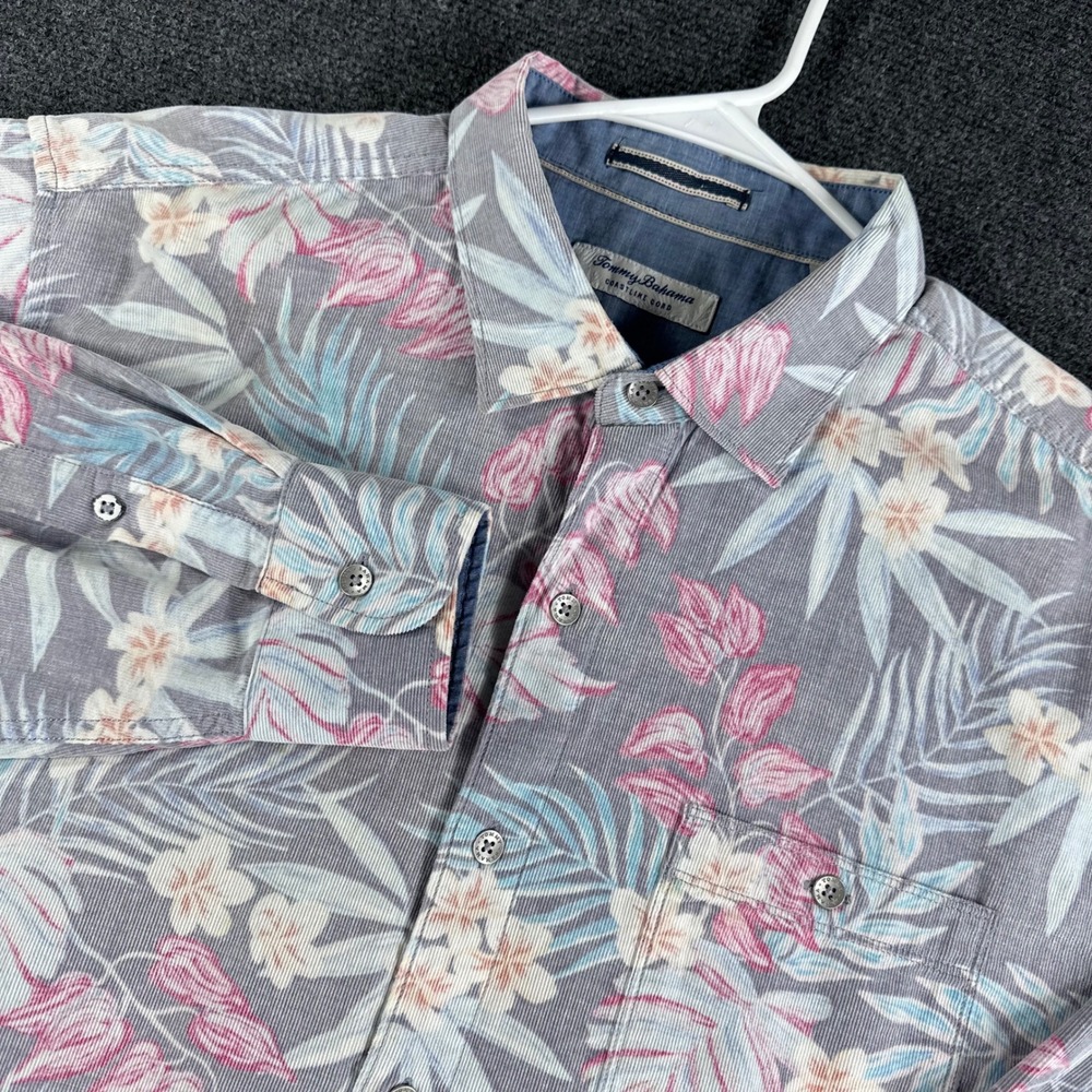 Tommy Bahama Button Down Mens XL Extra Large Grey Tropical Floral Coastline Cord